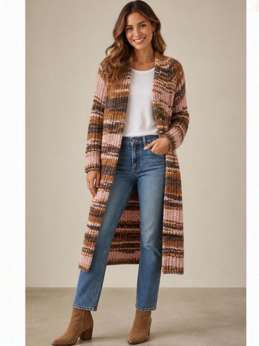 Skull Cashmere Chunky Knit Long Duster Cardigan Sweater Neutral Earthtones